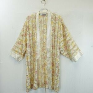 Vintage ETIENNE Kimono Robe Womens‎ SMALL Yellow Floral Nightwear Dressing Gown